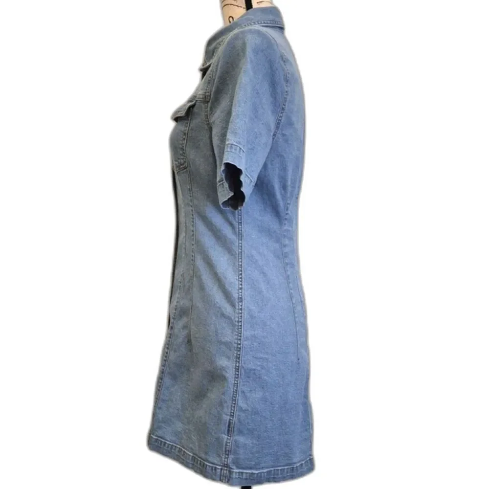 Madewell Denim Mini Dress S Snap Front Hemp Blend Short Sleeve Light Wash Casual - Picture 4 of 11